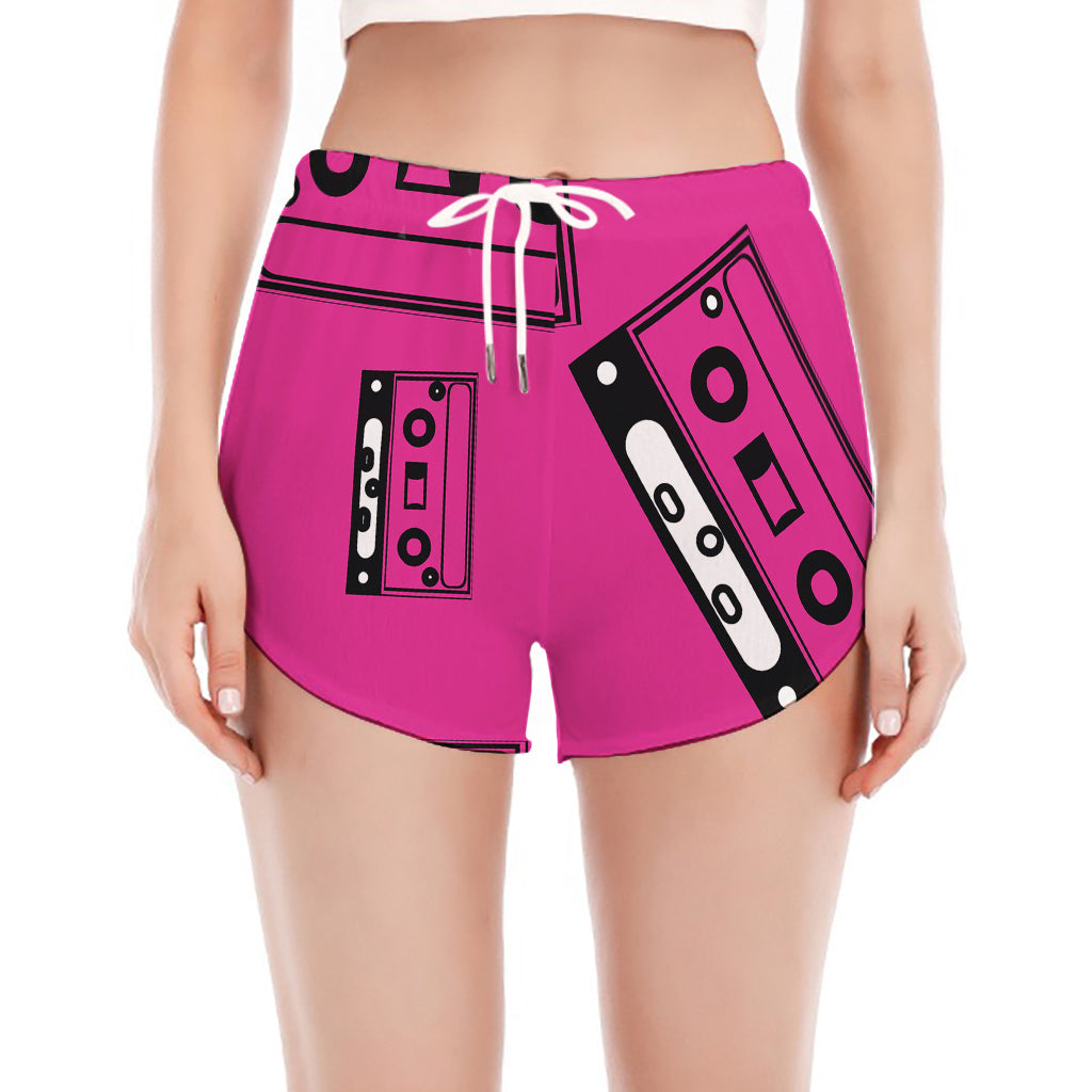 Pink Cassette Tape Pattern Print Women's Split Running Shorts