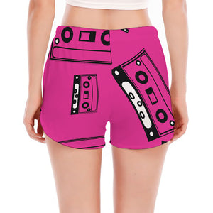 Pink Cassette Tape Pattern Print Women's Split Running Shorts