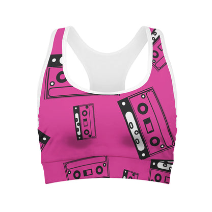 Pink Cassette Tape Pattern Print Women's Sports Bra