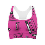 Pink Cassette Tape Pattern Print Women's Sports Bra
