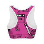 Pink Cassette Tape Pattern Print Women's Sports Bra