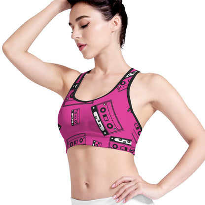 Pink Cassette Tape Pattern Print Women's Sports Bra