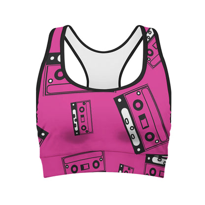Pink Cassette Tape Pattern Print Women's Sports Bra