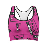 Pink Cassette Tape Pattern Print Women's Sports Bra