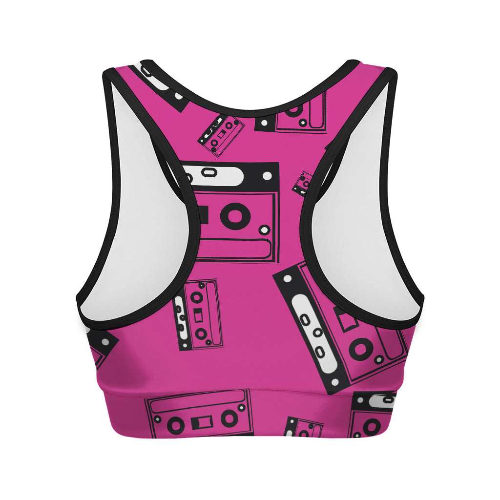 Pink Cassette Tape Pattern Print Women's Sports Bra