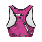 Pink Cassette Tape Pattern Print Women's Sports Bra