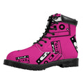 Pink Cassette Tape Pattern Print Padded Collar Lace Up Boots