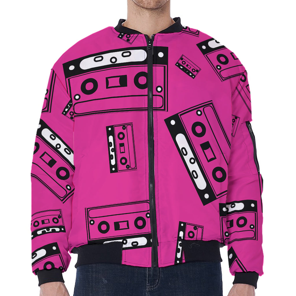 Pink Cassette Tape Pattern Print Zip Sleeve Bomber Jacket