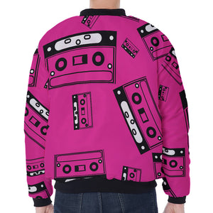 Pink Cassette Tape Pattern Print Zip Sleeve Bomber Jacket