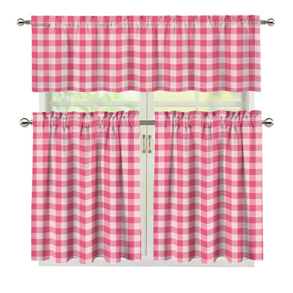 Pink Check Pattern Print 3 Piece Kitchen Curtains