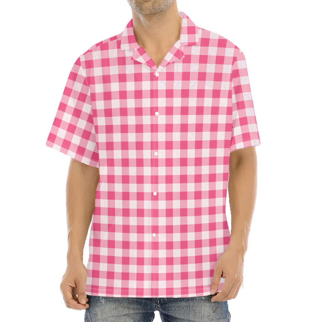 Pink Check Pattern Print Aloha Shirt