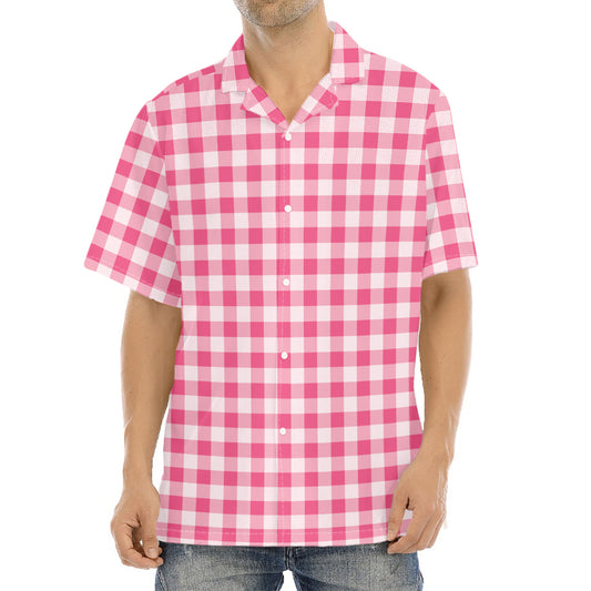 Pink Check Pattern Print Aloha Shirt
