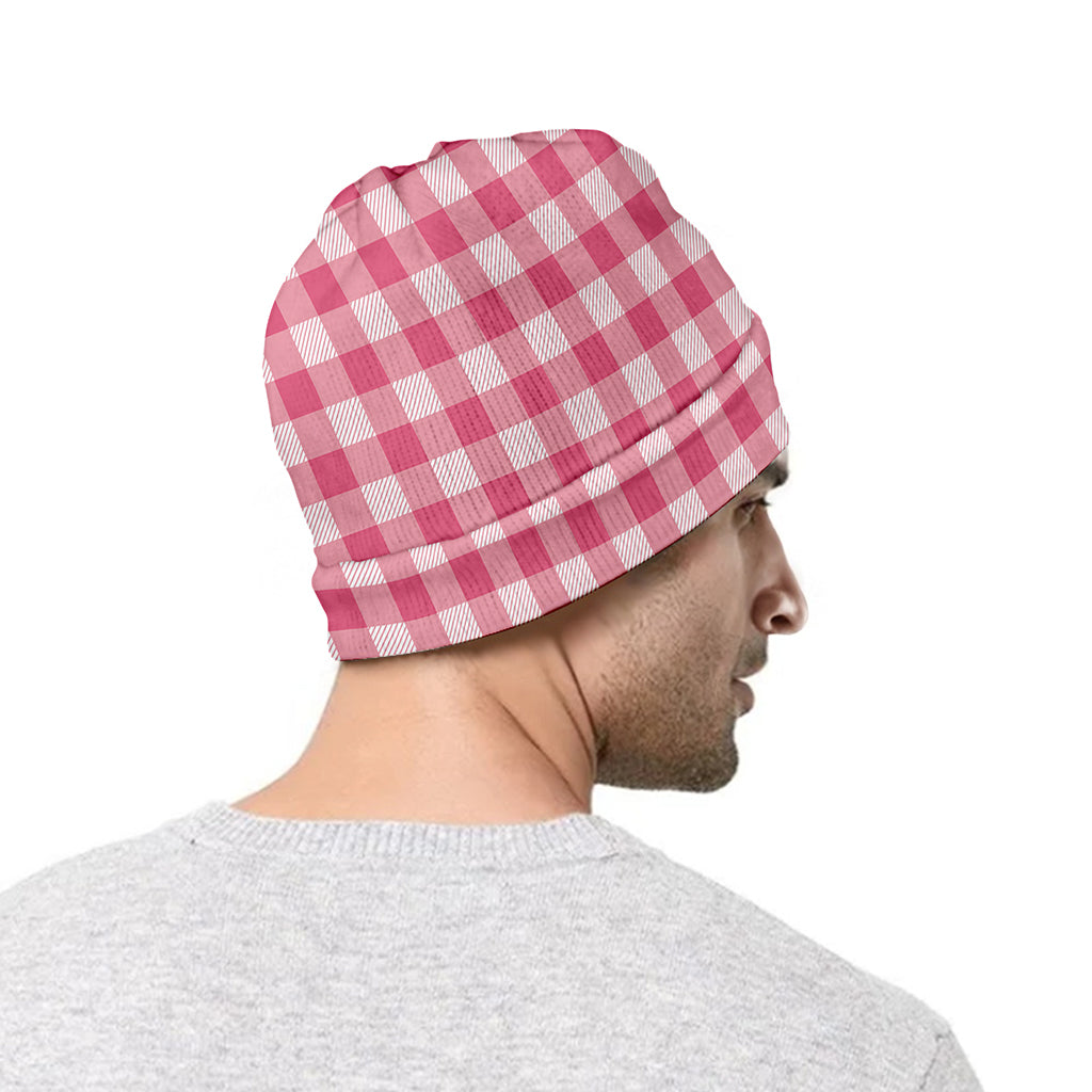 Pink Check Pattern Print Beanie
