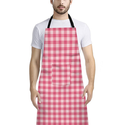 Pink Check Pattern Print Bib Apron With Pocket