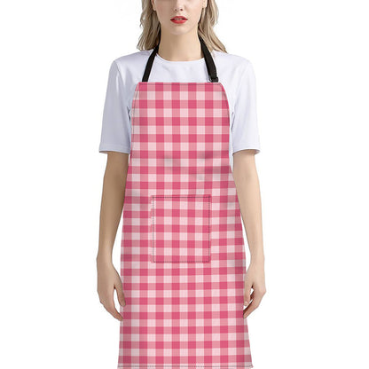 Pink Check Pattern Print Bib Apron With Pocket