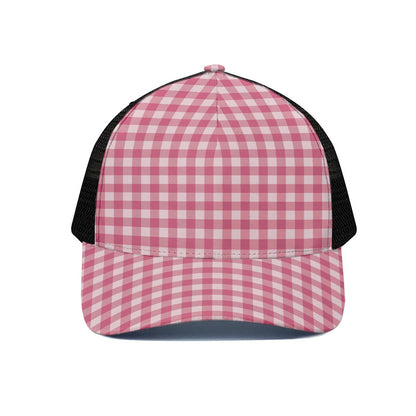 Pink Check Pattern Print Black Mesh Trucker Cap