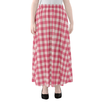 Pink Check Pattern Print Chiffon Maxi Skirt