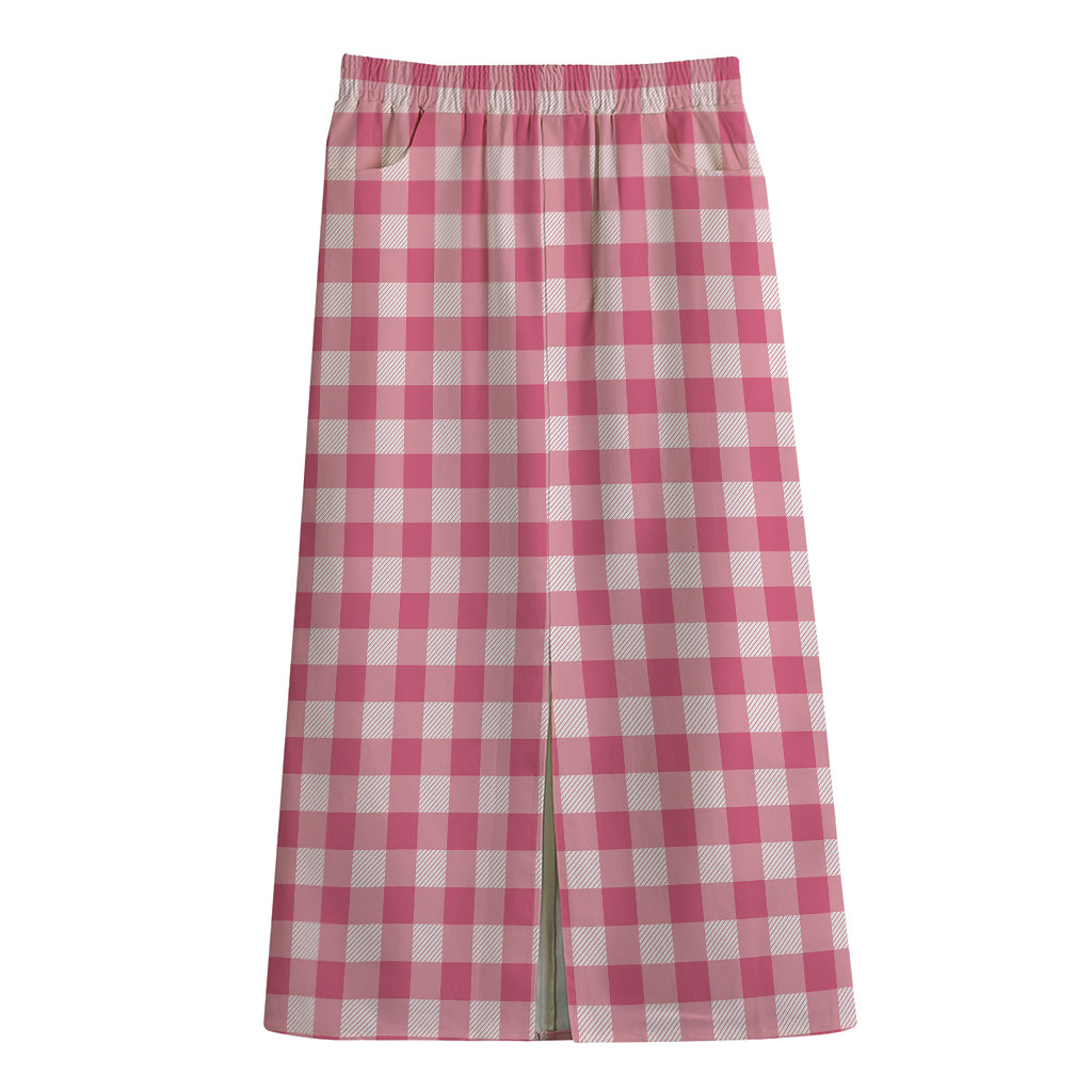 Pink Check Pattern Print Cotton Front Slit Maxi Skirt