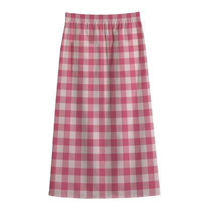Pink Check Pattern Print Cotton Front Slit Maxi Skirt
