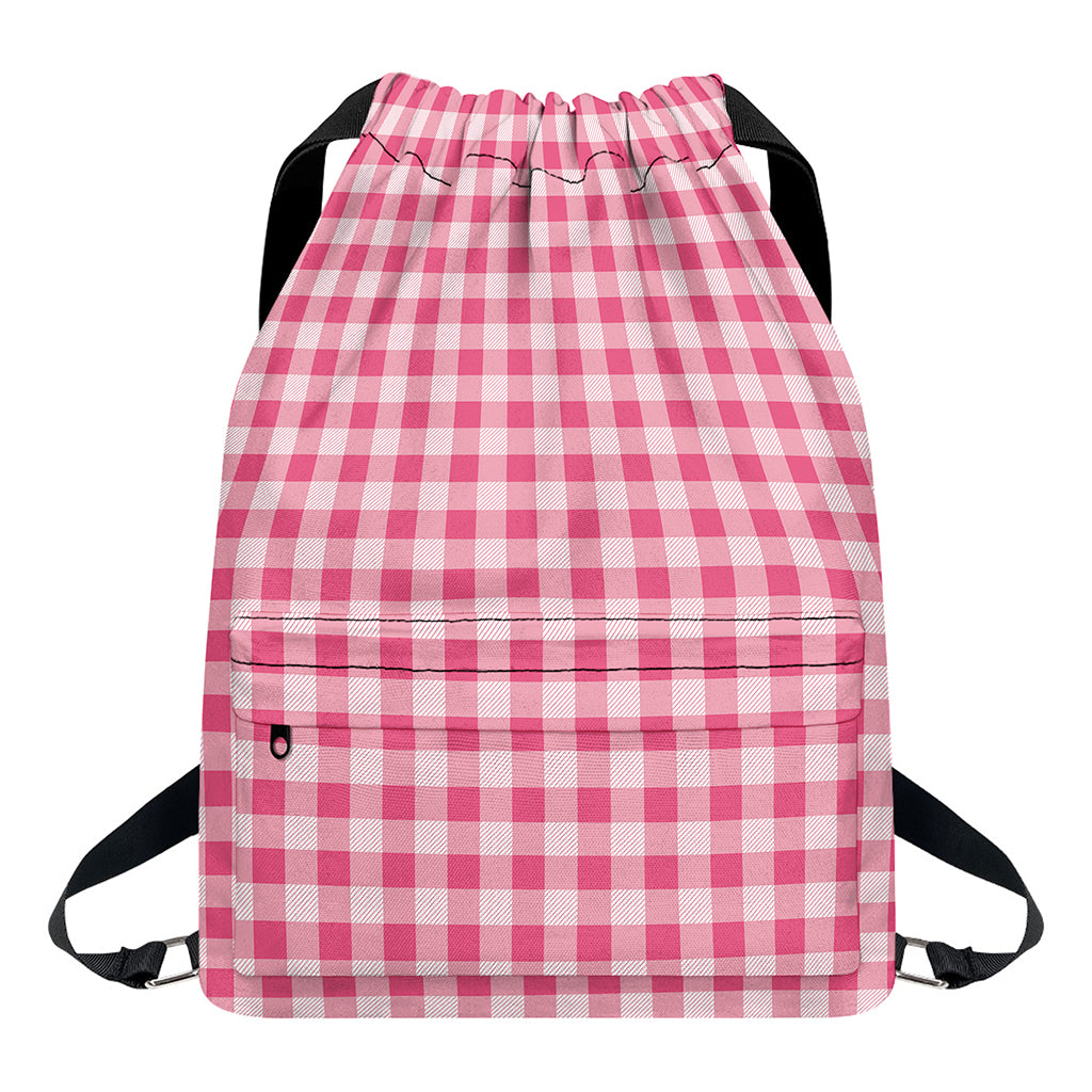 Pink Check Pattern Print Drawstring Backpack