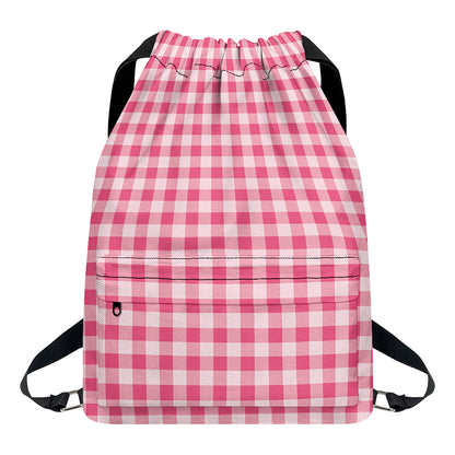 Pink Check Pattern Print Drawstring Backpack