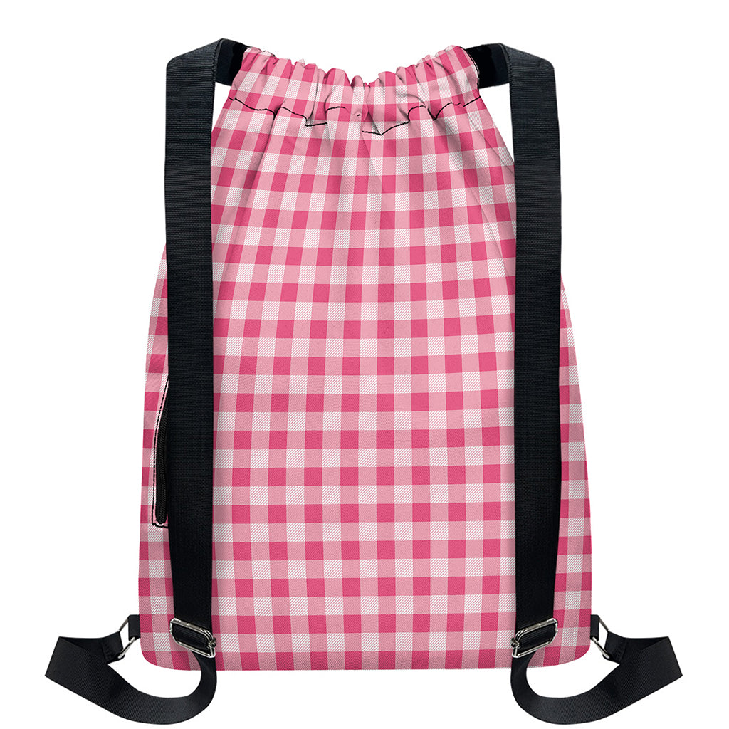 Pink Check Pattern Print Drawstring Backpack
