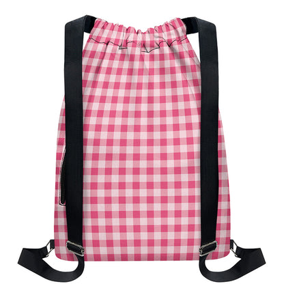 Pink Check Pattern Print Drawstring Backpack