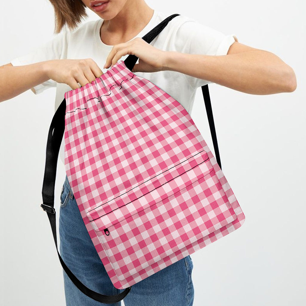 Pink Check Pattern Print Drawstring Backpack