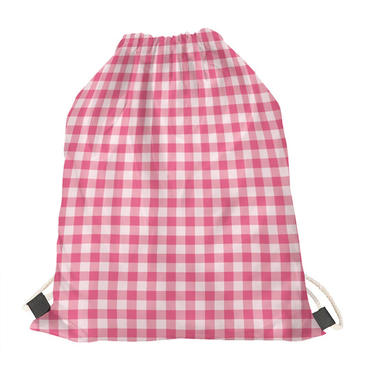 Pink Check Pattern Print Drawstring Bag