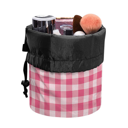 Pink Check Pattern Print Drawstring Makeup Bag