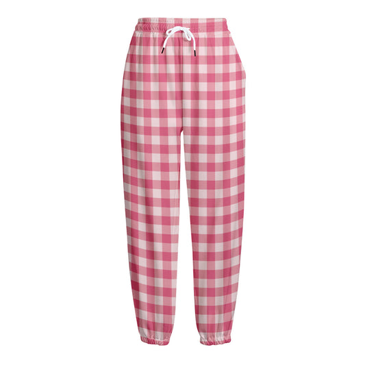 Pink Check Pattern Print Fleece Lined Knit Pants