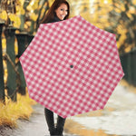 Pink Check Pattern Print Foldable Umbrella