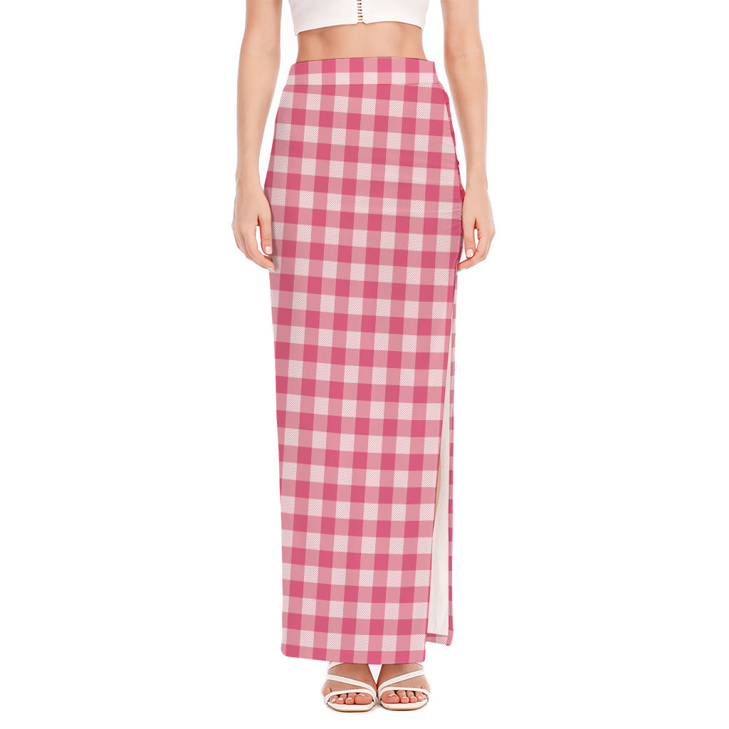 Pink Check Pattern Print High Slit Maxi Skirt