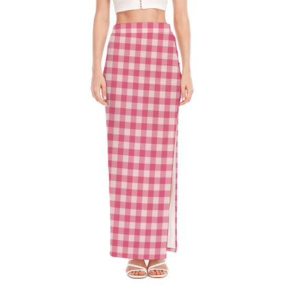 Pink Check Pattern Print High Slit Maxi Skirt