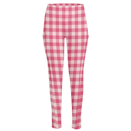Pink Check Pattern Print High-Waisted Pocket Leggings