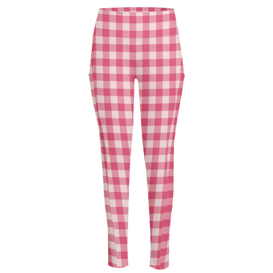 Pink Check Pattern Print High-Waisted Pocket Leggings