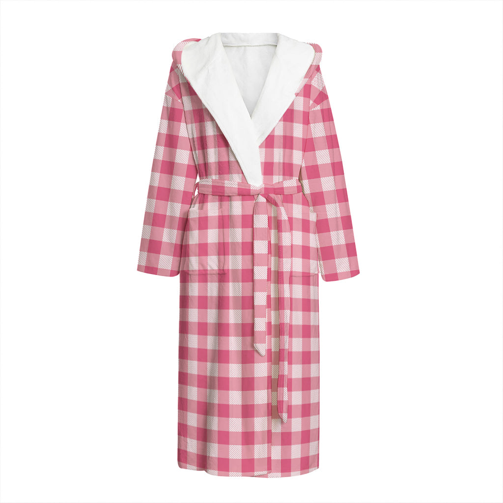 Pink Check Pattern Print Hooded Bathrobe