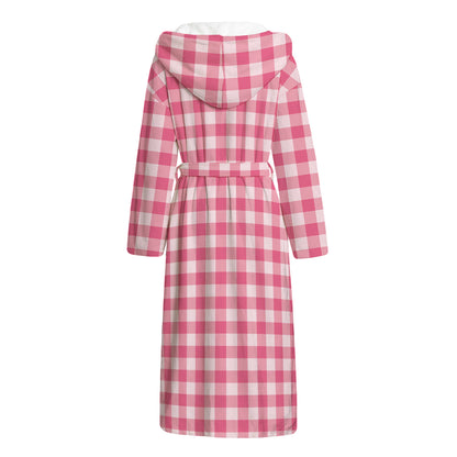 Pink Check Pattern Print Hooded Bathrobe