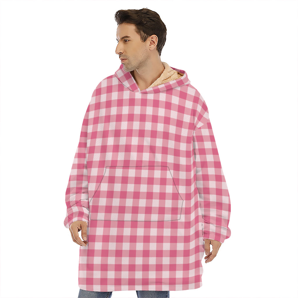 Pink Check Pattern Print Hoodie Blanket