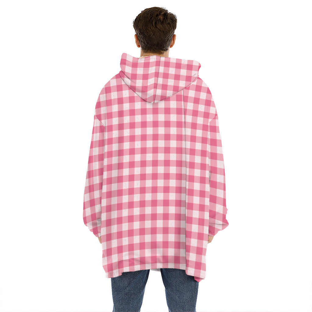 Pink Check Pattern Print Hoodie Blanket