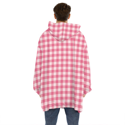 Pink Check Pattern Print Hoodie Blanket