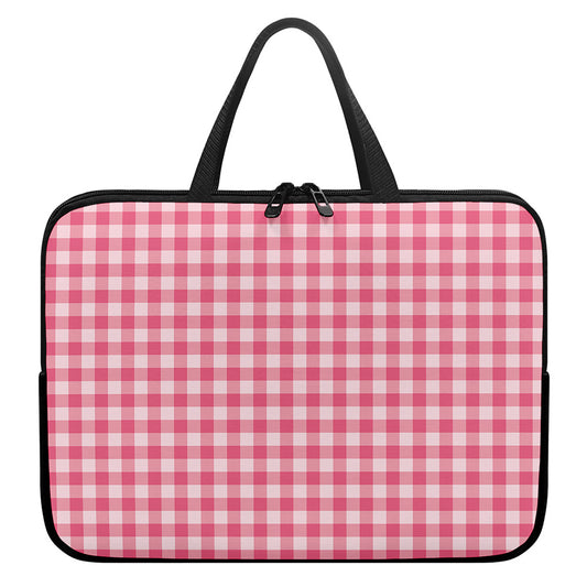 Pink Check Pattern Print Laptop Sleeve With Handle