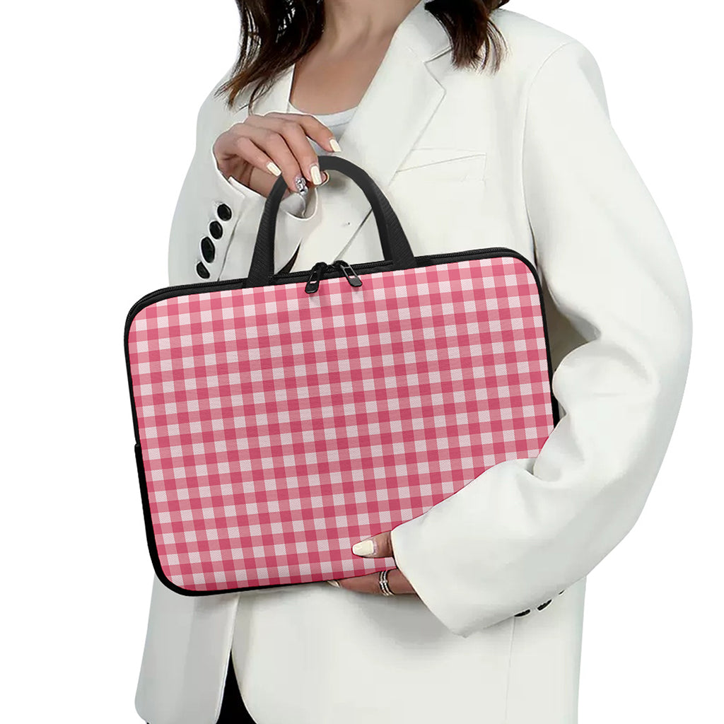 Pink Check Pattern Print Laptop Sleeve With Handle