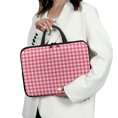 Pink Check Pattern Print Laptop Sleeve With Handle