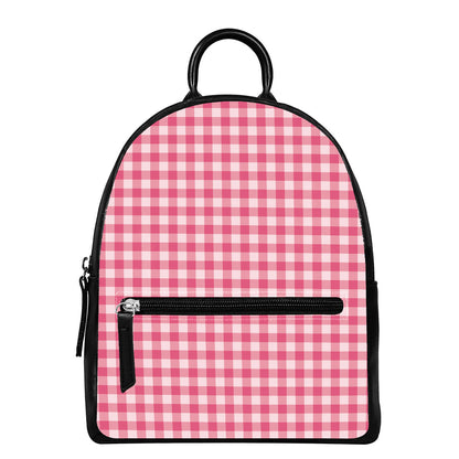 Pink Check Pattern Print Leather Backpack