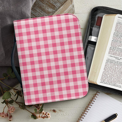 Pink Check Pattern Print Leather Bible Cover