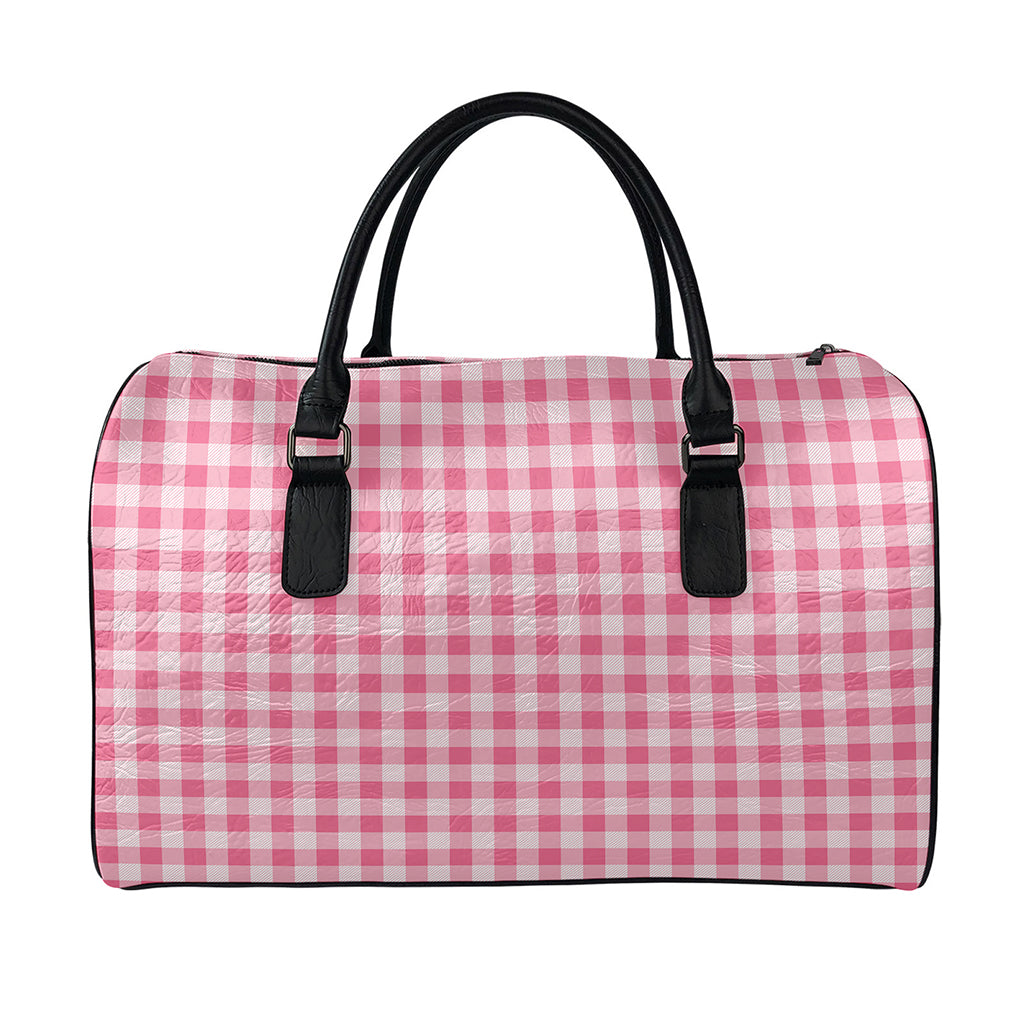 Pink Check Pattern Print Leather Duffle Bag