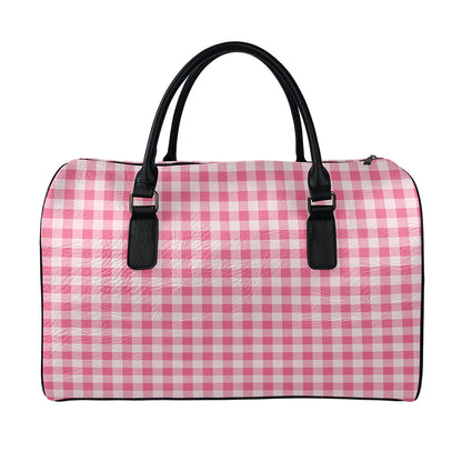 Pink Check Pattern Print Leather Duffle Bag