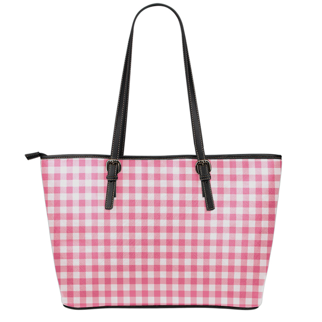 Pink Check Pattern Print Leather Tote Bag