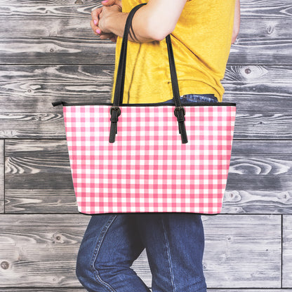 Pink Check Pattern Print Leather Tote Bag